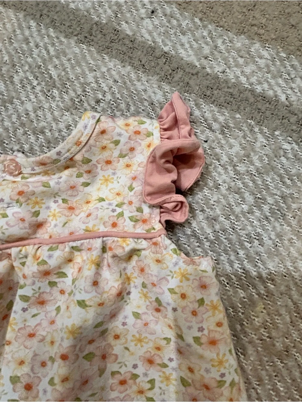 Stitchy Fish Floral Baby Romper with Pink Ruffle Sleeves EUC